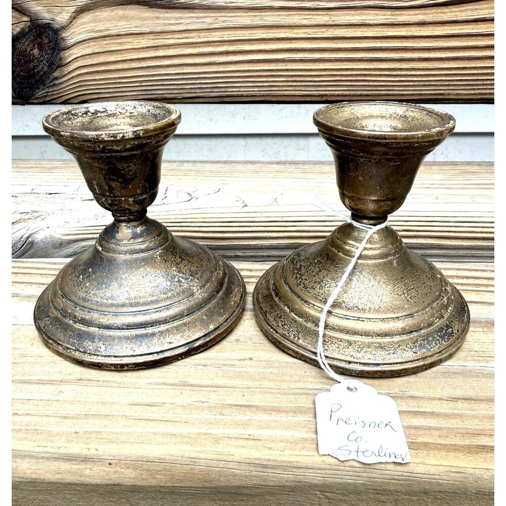 Vintage Preisner #19 Sterling Silver Weighted Candlesticks Pair Disc. 666g